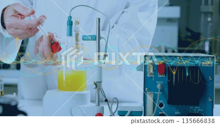 Pipetting scientist in lab coat handling flask at lab bench, with pipette, vial and control unit Pipetting scientist in lab coat handling flask at lab bench, with pipette, vial and control unit 135666838