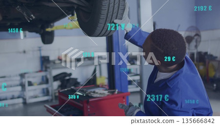 Checking mechanic in coveralls examining lifted tire on lift in workshop with overlay, copy space Checking mechanic in coveralls examining lifted tire on lift in workshop with overlay, copy space 135666842
