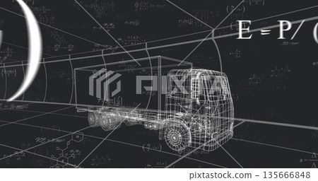 Displaying wireframe semi-trailer truck in tunnel with grid lines, equations, chemical formulas Displaying wireframe semi-trailer truck in tunnel with grid lines, equations, chemical formulas 135666848