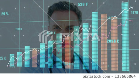 Analyzing doctor in scrubs with stethoscope studying bar-line charts and currency symbols in clinic Analyzing doctor in scrubs with stethoscope studying bar-line charts and currency symbols in clinic 135666864