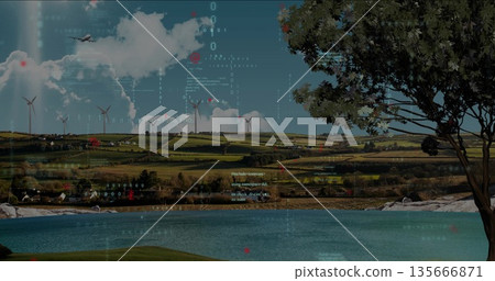 Spinning white wind turbines powering landscape at lakeside, with passing airplane, digital overlay Spinning white wind turbines powering landscape at lakeside, with passing airplane, digital overlay 135666871