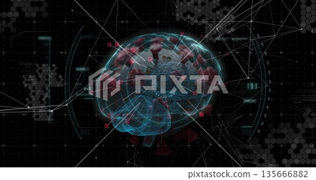 Displaying wireframe brain hologram in digital interface linking red viral particles to data nodes Displaying wireframe brain hologram in digital interface linking red viral particles to data nodes 135666882