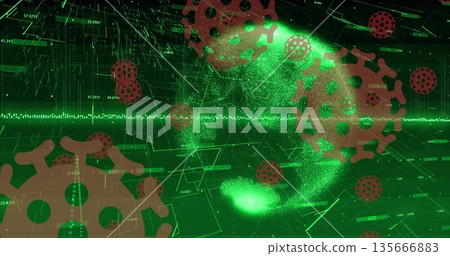 Floating virus icons swirling in green digital grid, with data readouts highlighting particle globe Floating virus icons swirling in green digital grid, with data readouts highlighting particle globe 135666883