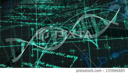 Floating stylized DNA helix over dark grid, with code strings, molecular icons and network nodes Floating stylized DNA helix over dark grid, with code strings, molecular icons and network nodes 135666885