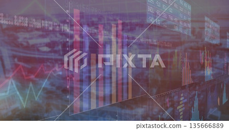 Displaying colorful bar chart on finance screen over city with scrolling tickers and numeric axes 135666889