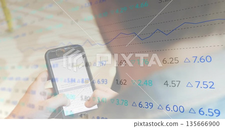 Holding smartphone, user wearing shirt typing message in home office, with stock market overlays Holding smartphone, user wearing shirt typing message in home office, with stock market overlays 135666900