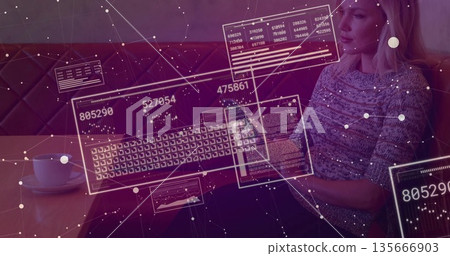 Working sweater-clad woman holding tablet at cafe table with coffee cup, data overlays, copy space Working sweater-clad woman holding tablet at cafe table with coffee cup, data overlays, copy space 135666903