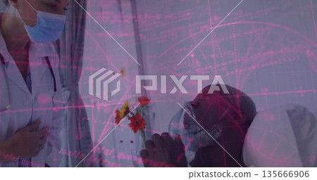 Doctor with stethoscope monitoring patient breathing in hospital room with oxygen mask, copy space 135666906