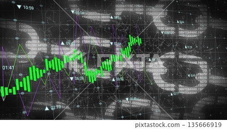 Displaying green candlestick chart showing trend on network grid interface, with purple line graph 135666919