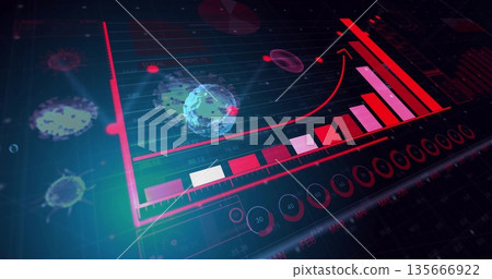 Displaying dashboard with bar, line and gauge charts, month labels and virus models on dark panel Displaying dashboard with bar, line and gauge charts, month labels and virus models on dark panel 135666922