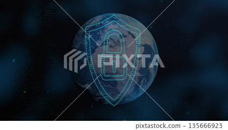 Floating Earth with cyan shield and padlock icon, drifting code and particles in cyberspace Floating Earth with cyan shield and padlock icon, drifting code and particles in cyberspace 135666923