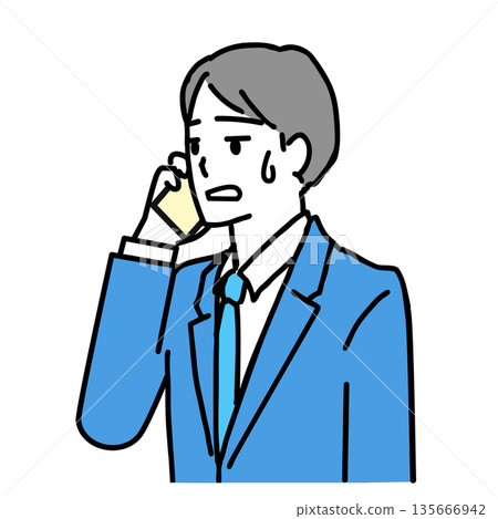 Illustration of a young man in a suit talking on a smartphone with a displeased expression 135666942