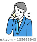 Illustration of a young man in a suit having trouble while talking on a smartphone 135666943
