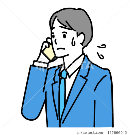 Illustration of a young man in a suit having trouble while talking on a smartphone 135666943