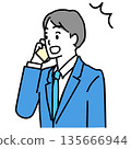 Illustration of a young man in a suit making a phone call with a surprised expression 135666944