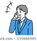 Illustration of a man in a suit smiling and talking on a smartphone 135666945