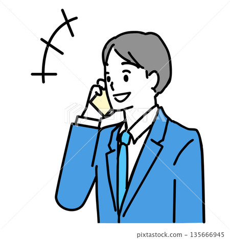 Illustration of a man in a suit smiling and talking on a smartphone 135666945