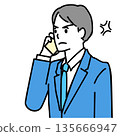 Illustration of a young man in a suit making a phone call with an angry expression 135666947