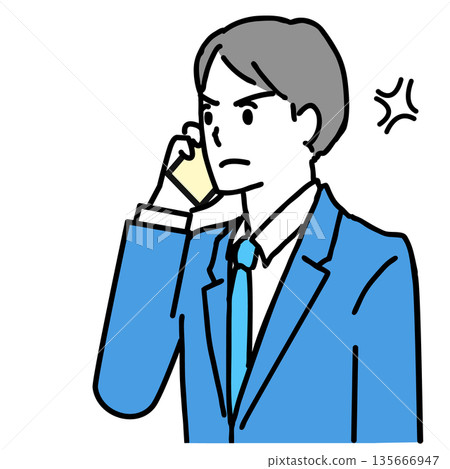 Illustration of a young man in a suit making a phone call with an angry expression Illustration of a young man in a suit making a phone call with an angry expression 135666947
