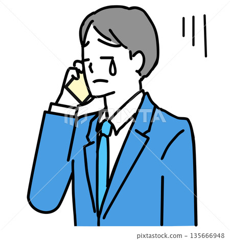 Illustration of a young businessman crying while on the phone Illustration of a young businessman crying while on the phone 135666948