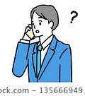 Illustration of a man in a suit wondering about something on his smartphone 135666949