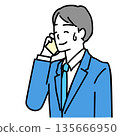 Illustration of a man in a suit talking on a smartphone with a troubled expression 135666950
