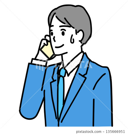 Illustration of a young businessman sweating while talking on a smartphone Illustration of a young businessman sweating while talking on a smartphone 135666951