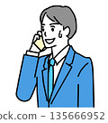 Illustration of a young businessman with a troubled expression while talking on a smartphone 135666952