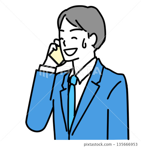 Illustration of a young businessman smiling and calling on his smartphone Illustration of a young businessman smiling and calling on his smartphone 135666953