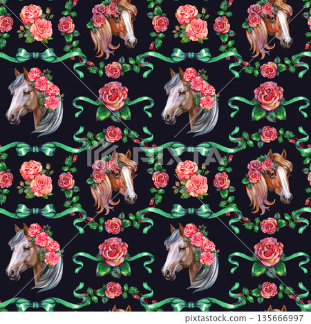 Graceful watercolor illustration with horse head, blooming roses and flowing ribbons. Romantic floral animal pattern inspired by fairytale, vintage elegance and feminine aesthetics for luxury design Graceful watercolor illustration with horse head, blooming roses and flowing ribbons. Romantic floral animal pattern inspired by fairytale, vintage elegance and feminine aesthetics for luxury design 135666997