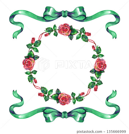 Watercolor Pink Rose Wreath with green Ribbon Bow and Leaves 135666999