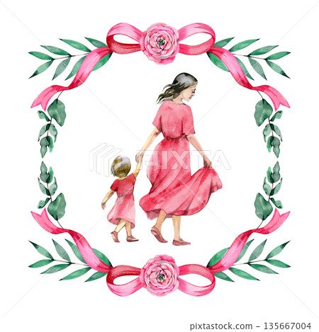 Watercolor illustration of a mother and daughter in red dresses walking together, holding hands. They are framed by a square wreath of green leaves, pink ribbons, and ranunculus flowers Watercolor illustration of a mother and daughter in red dresses walking together, holding hands. They are framed by a square wreath of green leaves, pink ribbons, and ranunculus flowers 135667004