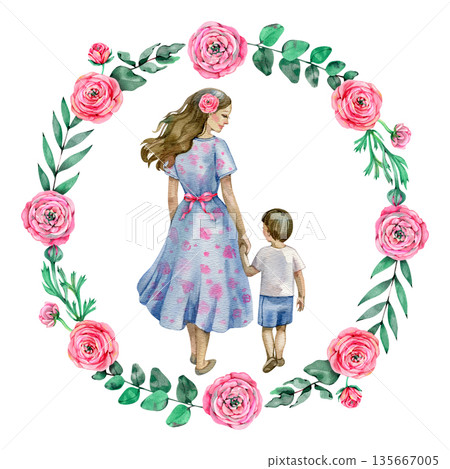 Watercolor illustration of a mother and her young son walking together, holding hands. They are framed by a beautiful circular floral wreath of pink ranunculus flowers and green eucalyptus leaves. Watercolor illustration of a mother and her young son walking together, holding hands. They are framed by a beautiful circular floral wreath of pink ranunculus flowers and green eucalyptus leaves. 135667005