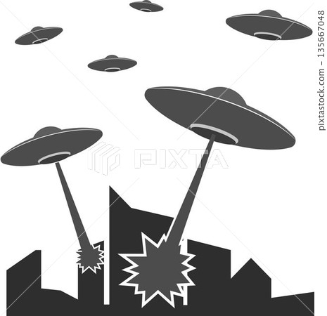 Flying saucers attack the city at night. Flying saucers attack the city at night. 135667048