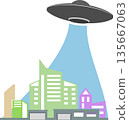Icon of a flying glowing UFO over the city. 135667063