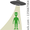 Alien icon with a flying glowing UFO. 135667064