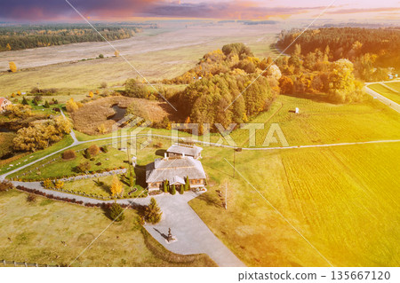 Kosava, Belarus. Aerial Bird's-eye View On Memorial Museum-estate Of Tadeusz Kosciuszko. Famous Popular Historic House Andrew Thaddeus Bonaventure Kosciuszko. National Hero In Poland, Lithuania, USA 135667120
