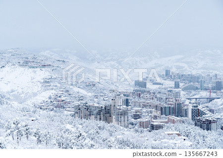 Tbilisi Winter Cityscape Under Heavy Snow and Cold Sky Tbilisi Winter Cityscape Under Heavy Snow and Cold Sky 135667243