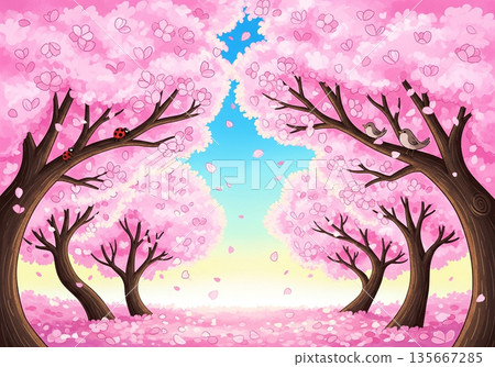 A gentle landscape illustration of a row of cherry blossom trees in spring 135667285