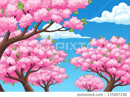 A gentle landscape illustration of a row of cherry blossom trees in spring 135667286