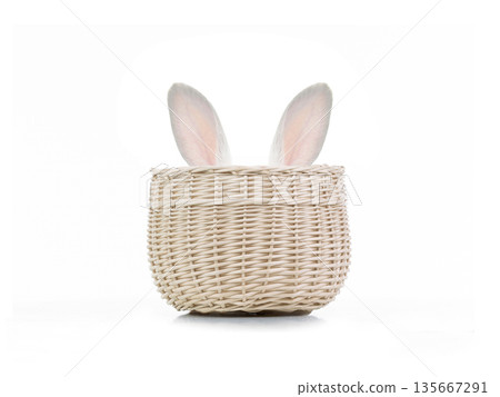 Easter bunny hiding in basket isolated on white background 135667291