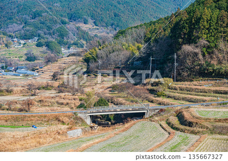 奈良縣飛鳥村稻淵梯田的冬季景色,這裡是日本百大名梯田之一。 奈良縣飛鳥村稻淵梯田的冬季景色,這裡是日本百大名梯田之一。 135667327