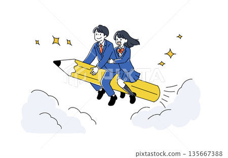 Illustration of a student flying in the sky on a pencil rocket - Passing exams and leaping into the future - Vector image 135667388
