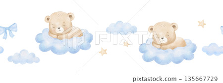 Seamless border with cute watercolour sleeping bear with stars. Baby hand painted repeating design 135667729