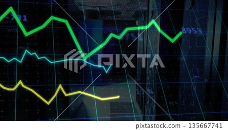 Showing 3 line graphs sweeping across data center with racks, cables, vents, digital grid overlay Showing 3 line graphs sweeping across data center with racks, cables, vents, digital grid overlay 135667741