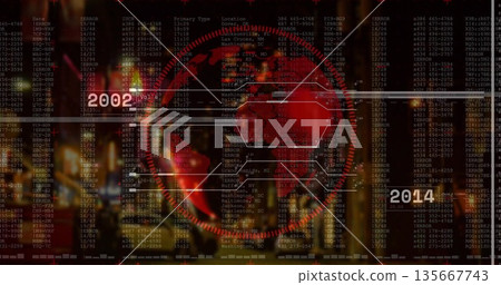 Red digital globe rotating in HUD interface, with hexagonal panels error codes 2002-2014 markers 135667743