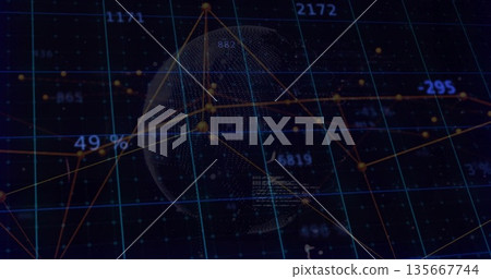 Displaying dotted 3D globe rotating in dashboard, with network lines, grid and floating data labels 135667744