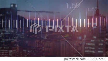 Displaying vertical data bar graph overlay over downtown skyline at dusk, with numeric labels 135667745