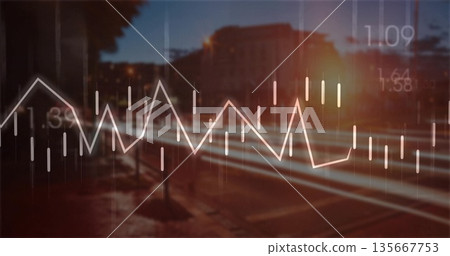 Displaying white line chart overlay with candlestick bars and numeric labels on city street at dusk Displaying white line chart overlay with candlestick bars and numeric labels on city street at dusk 135667753