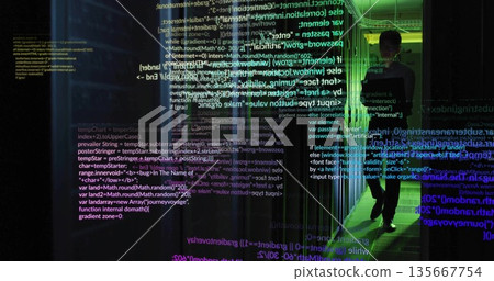Walking Asian IT engineer navigating data center aisle blinking LEDs projecting code, copy space Walking Asian IT engineer navigating data center aisle blinking LEDs projecting code, copy space 135667754